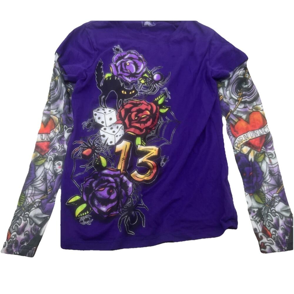 WOMENS PURPLE HOCUS POCUS HALLOWEEN UNLUCKY LONG TATOO SLEEVE T SHIRT XL (15-17)